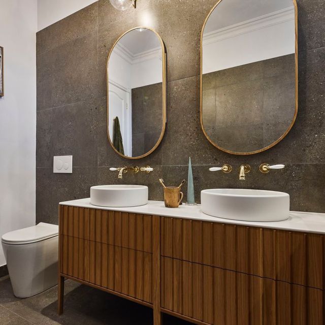 The Block is back! Bathrooms were revealed last night and all were impressive 👌🏼 loved seeing all the patterns floors, textured walls and coloured tapware throughout. @nood_co once again featured with their Bowl Basin in Ivory as pictured here in Ankur & Sharon’s Main Bathroom || get the look in store or online now
