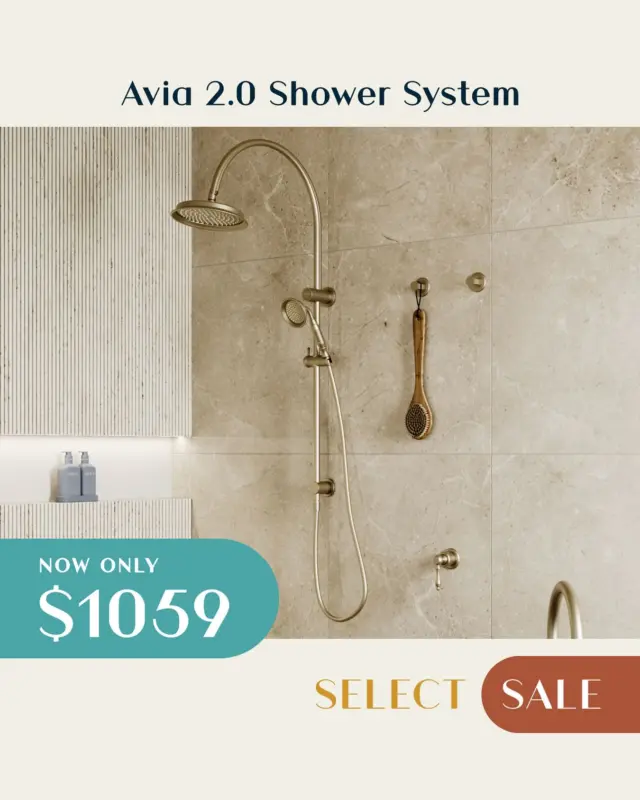 The Armanti SELECT SALE is now on.

Introducing the Avia 2.0 Shower System in Brushed Nickel, a luxurious addition to any bathroom. This system features a gooseneck overhead shower with generous head and adjustable hand shower, ensuring an expansive and immersive shower experience. 

Avia 2.0 combines aesthetic elegance with practical functionality, making every shower a luxurious experience. 

Brushed Nickel on sale now for $1059